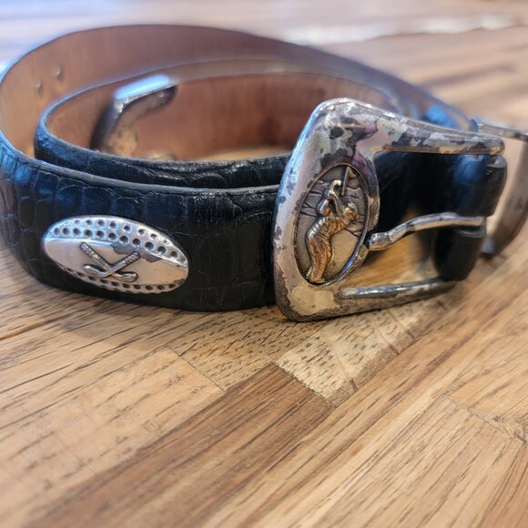 Black Leather Golf Embossed Medallions Croc Print Belt - Picture 14 of 16